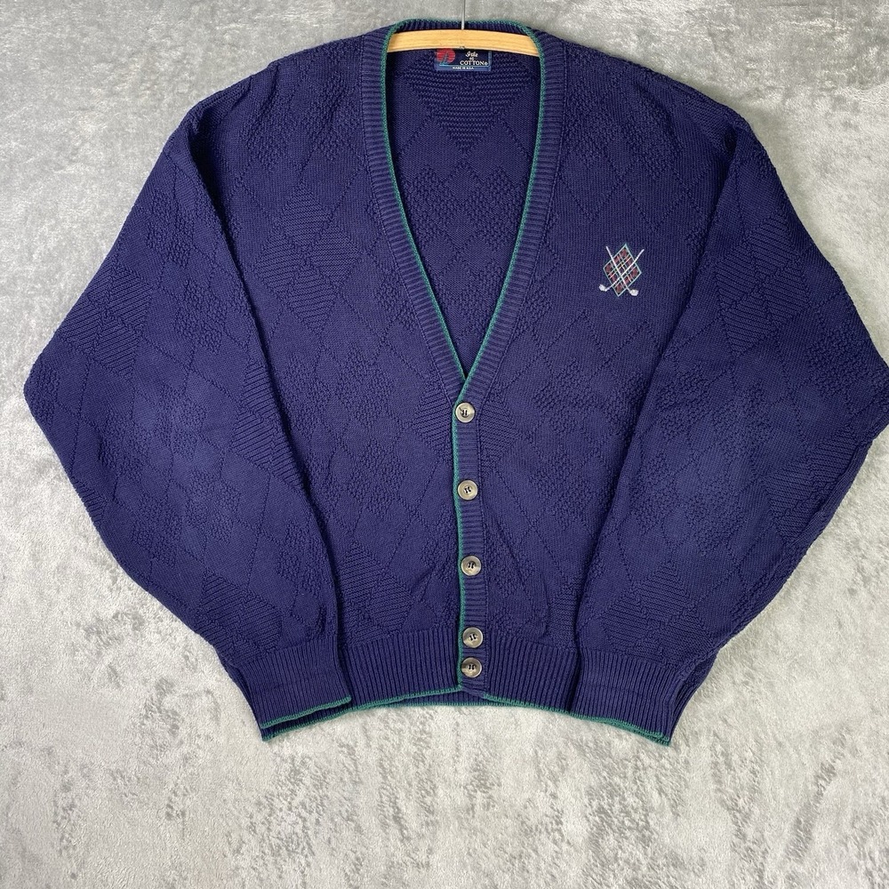 Vintage Isle Of Cotton Sweater Mens Sz L Blue Golf Cardigan 90s Relaxed Textured